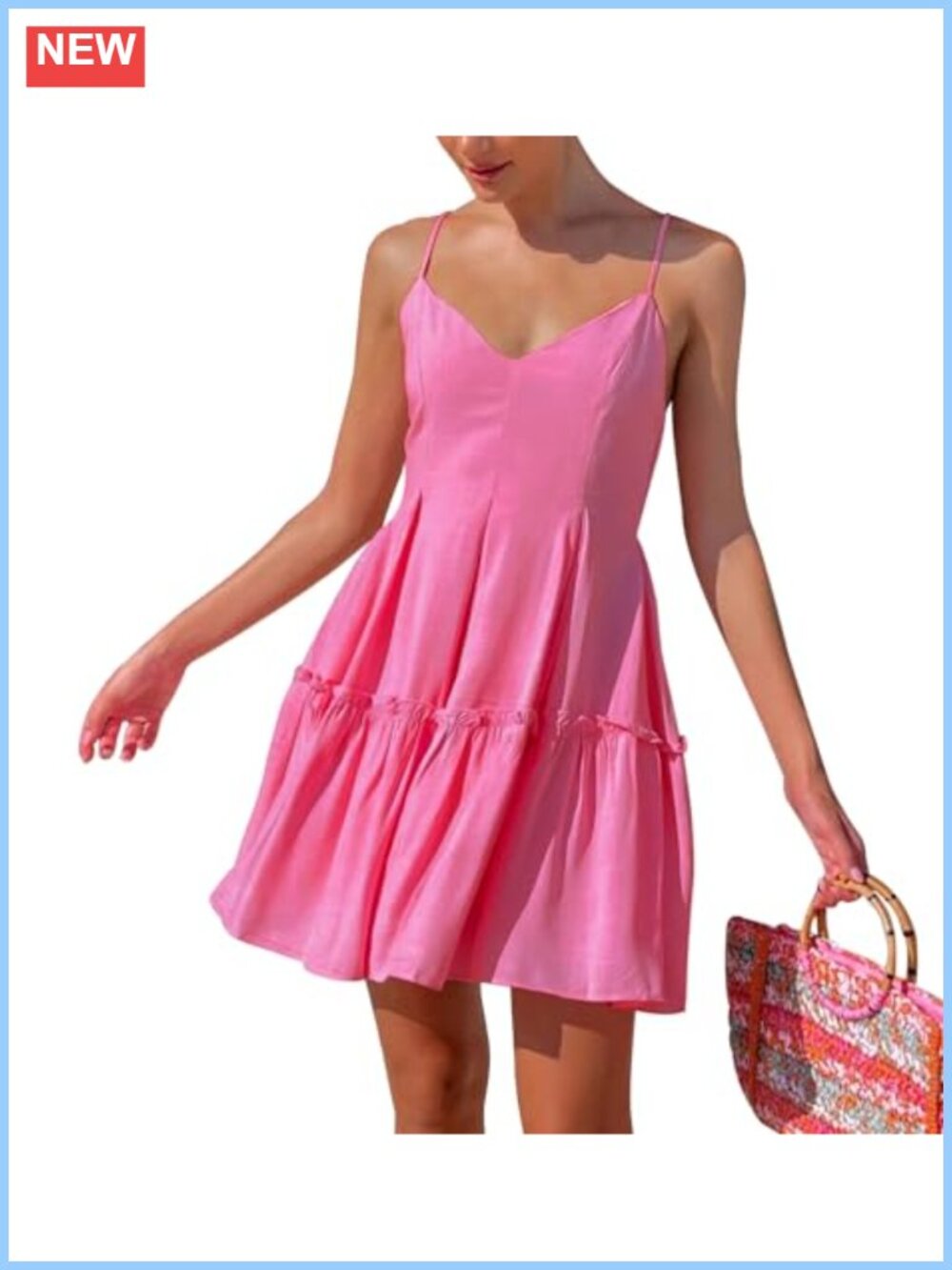 Women's V Neck Sleeveless Tiered Swing Mini Dress with Pockets, Backless Summer